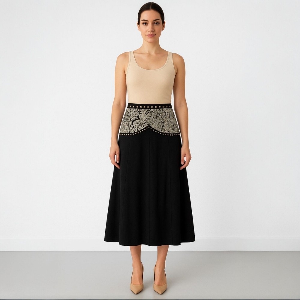 Cache Black A-Line Skirt with Beige Ornate Waist Panel